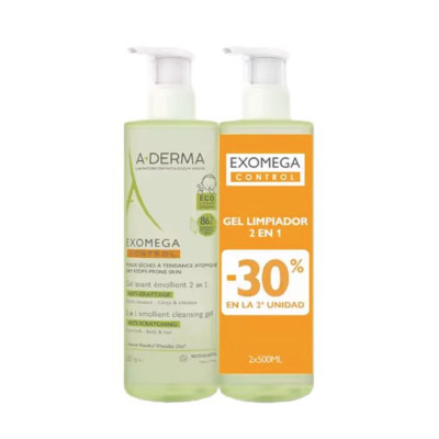 A-DERMA EXOMEGA CONTROL GEL LIMPIADOR EMOLIENTE 2 EN 1 CUERPO Y CABELLO 2 ENVASES 500 ML PACK